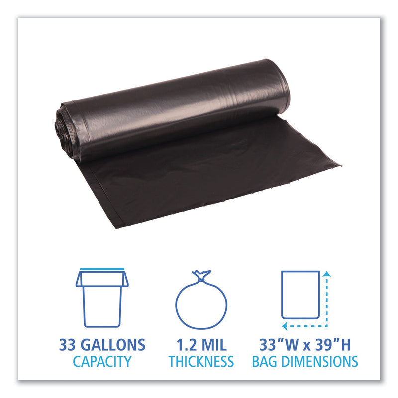 Boardwalk Low Density Repro Can Liners, 33 gal, 1.2 mil, 33" x 39", Black, 10 Bags/Roll, 10 Rolls/Carton