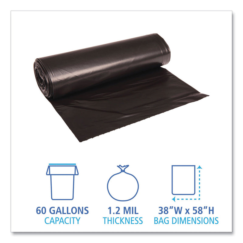 Boardwalk Low Density Repro Can Liners, 60 gal, 1.2 mil, 38" x 58", Black, 10 Bags/Roll, 10 Rolls/Carton