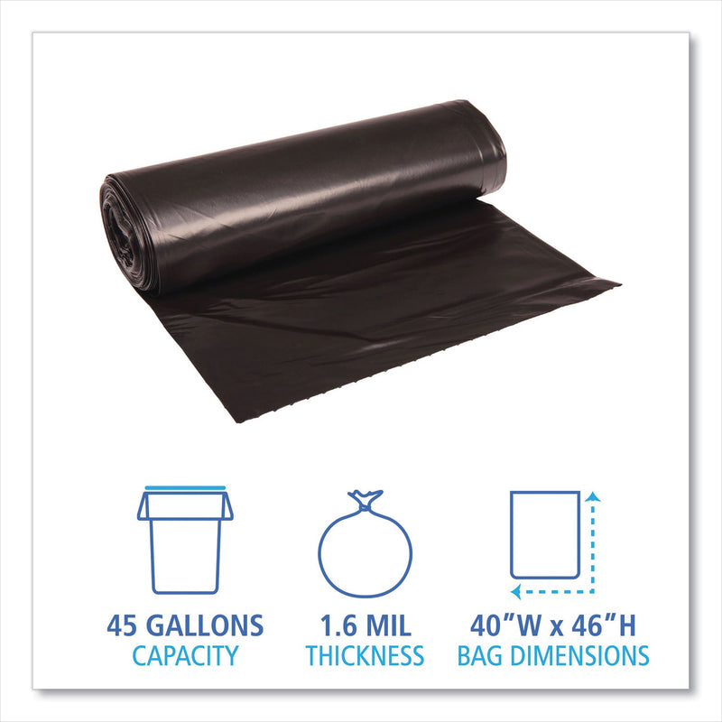 Boardwalk Low Density Repro Can Liners, 45 gal, 1.6 mil, 40" x 46", Black, 10 Bags/Roll, 10 Rolls/Carton