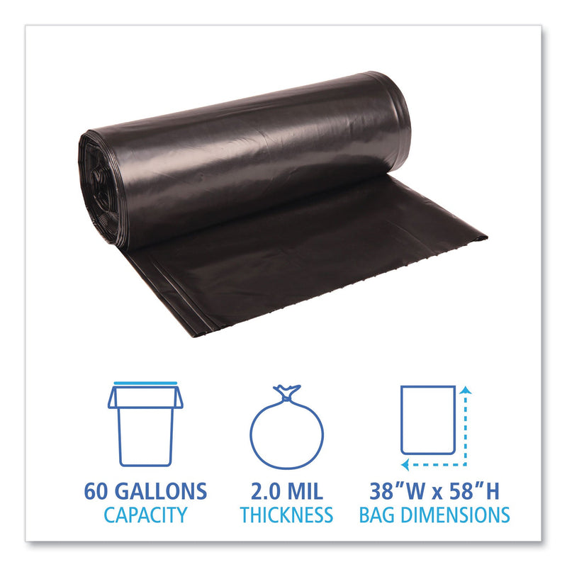 Boardwalk Low Density Repro Can Liners, 60 gal, 2 mil, 38" x 58", Black, 10 Bags/Roll, 10 Rolls/Carton