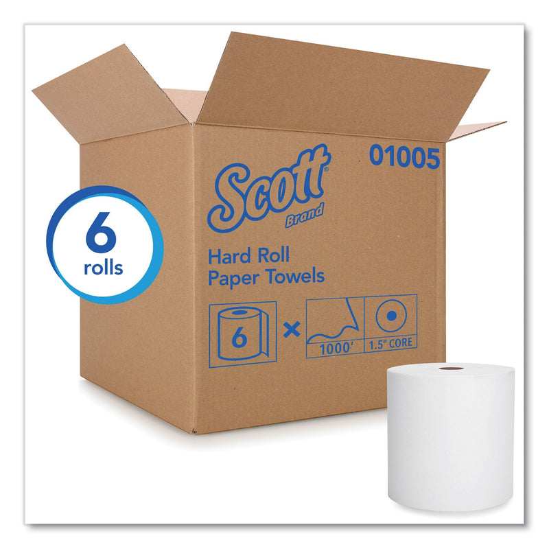 Scott Essential High Capacity Hard Roll Towels for Business, 1.5" Core, 8" x 1,000 ft, Recycled, White, 6/Carton