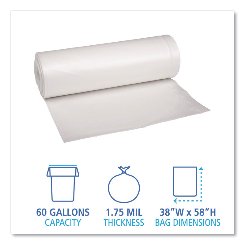 Boardwalk Low Density Repro Can Liners, 60 gal, 1.75 mil, 38" x 58", Clear, 10 Bags/Roll, 10 Rolls/Carton
