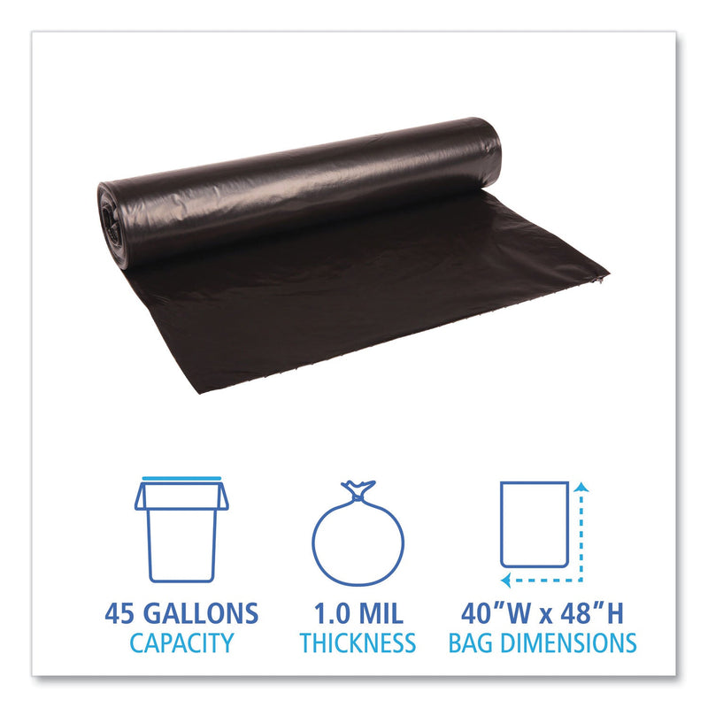 Boardwalk Low Density Repro Can Liners, 45 gal, 1 mil, 40" x 48", Black, 10 Bags/Roll, 10 Rolls/Carton