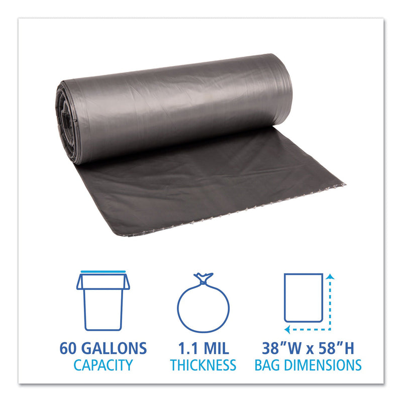 Boardwalk Low-Density Waste Can Liners, 60 gal, 1.1 mil, 38" x 58", Gray, 100/Carton
