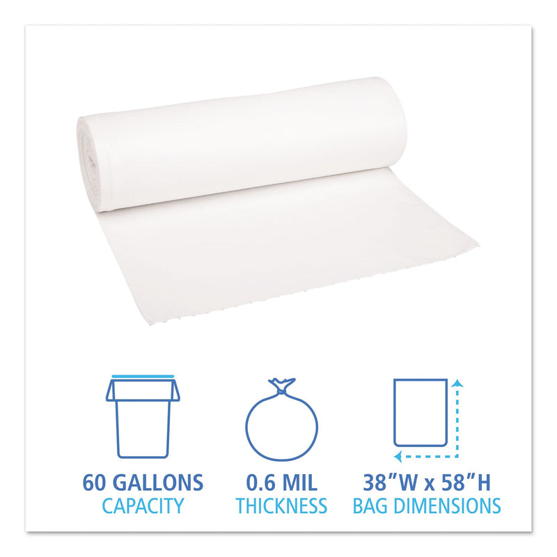 Boardwalk Low-Density Waste Can Liners, 60 gal, 0.6 mil, 38" x 58", White, 100/Carton
