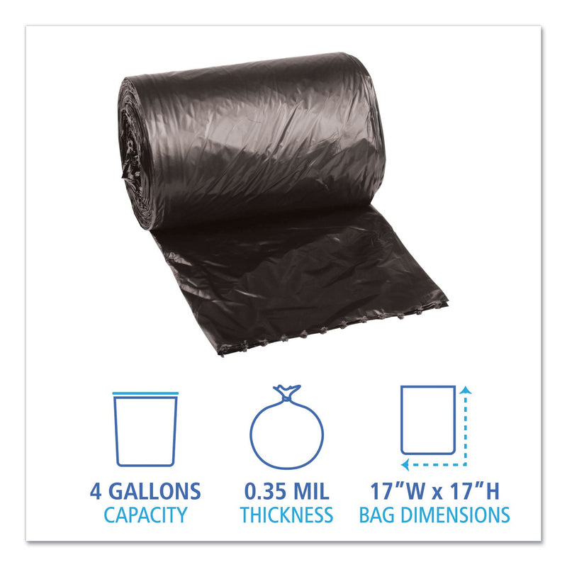 Boardwalk Low-Density Waste Can Liners, 4 gal, 0.35 mil, 17" x 17", Black, 1,000/Carton