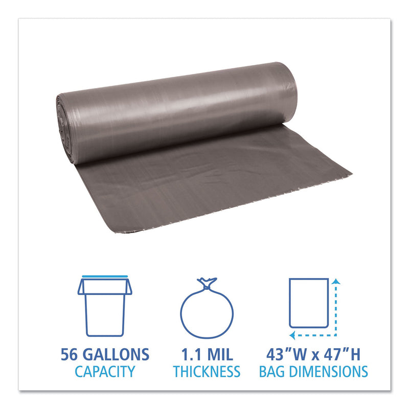 Boardwalk Low-Density Waste Can Liners, 56 gal, 1.1 mil, 43" x 47", Gray, 100/Carton