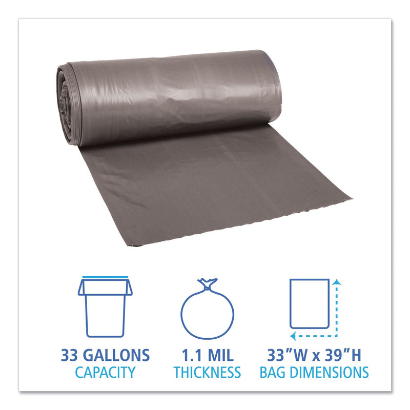 Boardwalk Low-Density Waste Can Liners, 33 gal, 1.1 mil, 33" x 39", Gray, 100/Carton