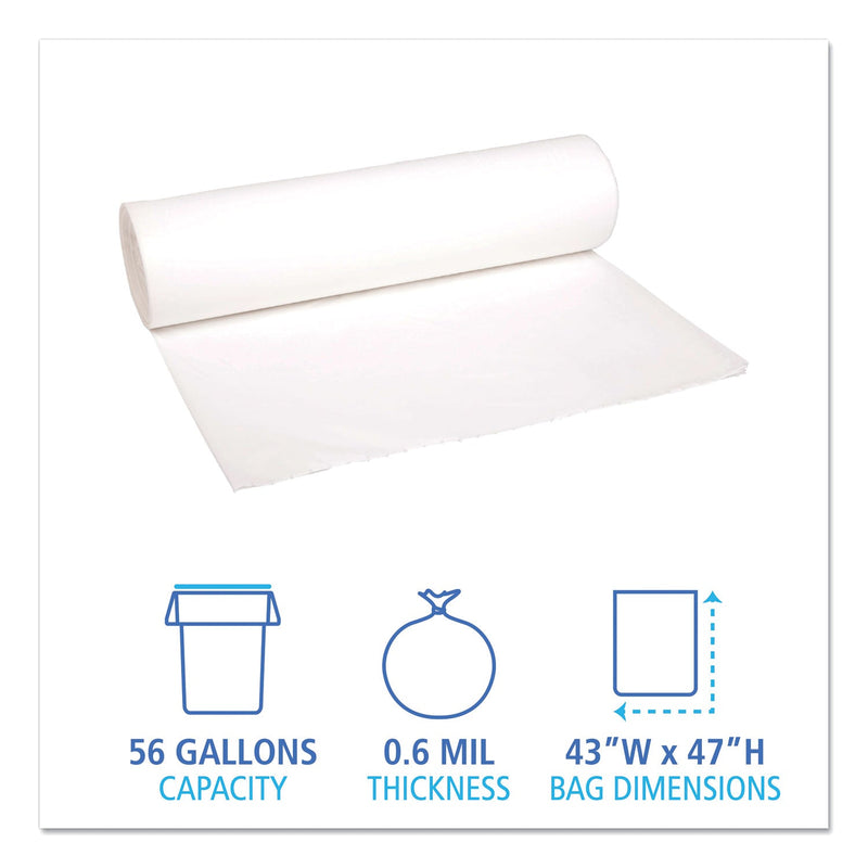 Boardwalk Low-Density Waste Can Liners, 56 gal, 0.6 mil, 43" x 47", White, 100/Carton