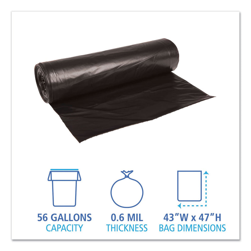 Boardwalk Low-Density Waste Can Liners, 56 gal, 0.6 mil, 43" x 47", Black, 100/Carton