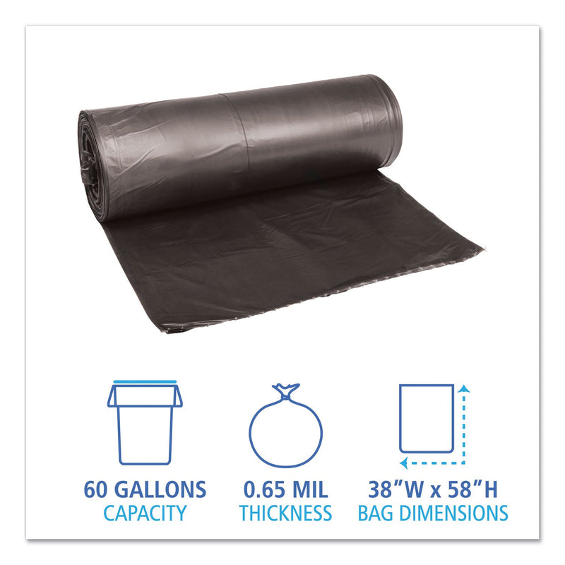 Boardwalk Low-Density Waste Can Liners, 60 gal, 0.65 mil, 38" x 58", Black, 100/Carton