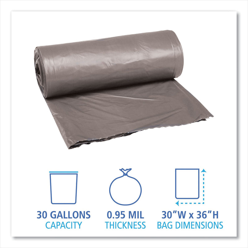 Boardwalk Low-Density Waste Can Liners, 30 gal, 0.95 mil, 30" x 36", Gray, 100/Carton