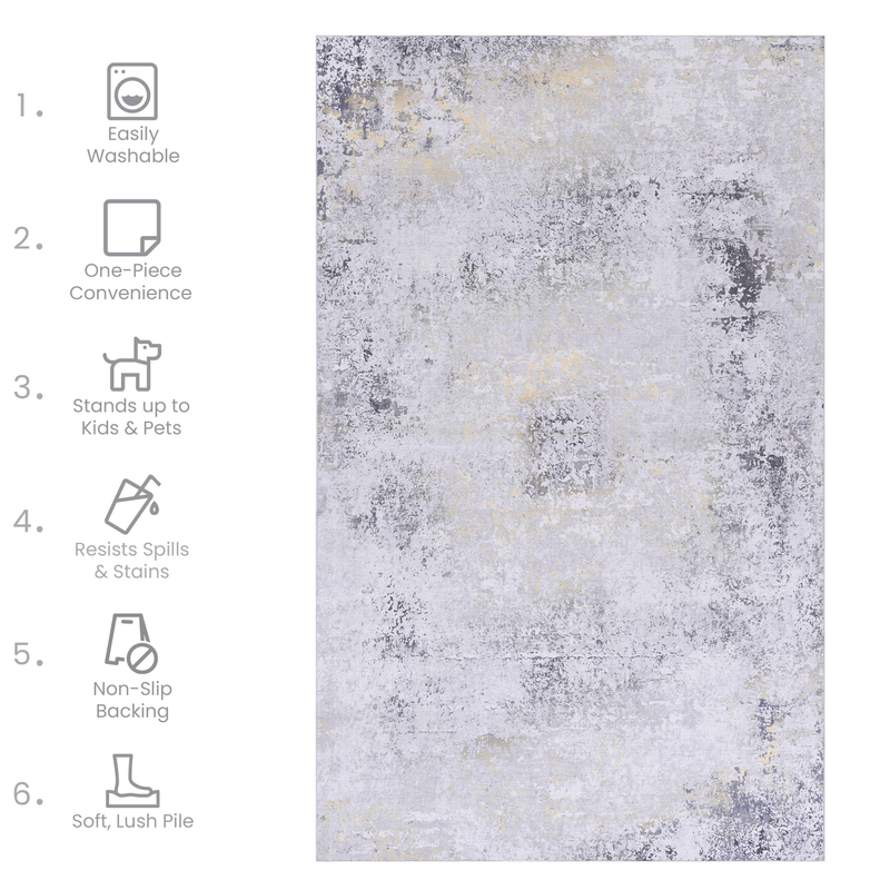 NAAR MAVAL Gold Washable Rug 5x8 Area Rug (Gray+Gold, 5' x 8')