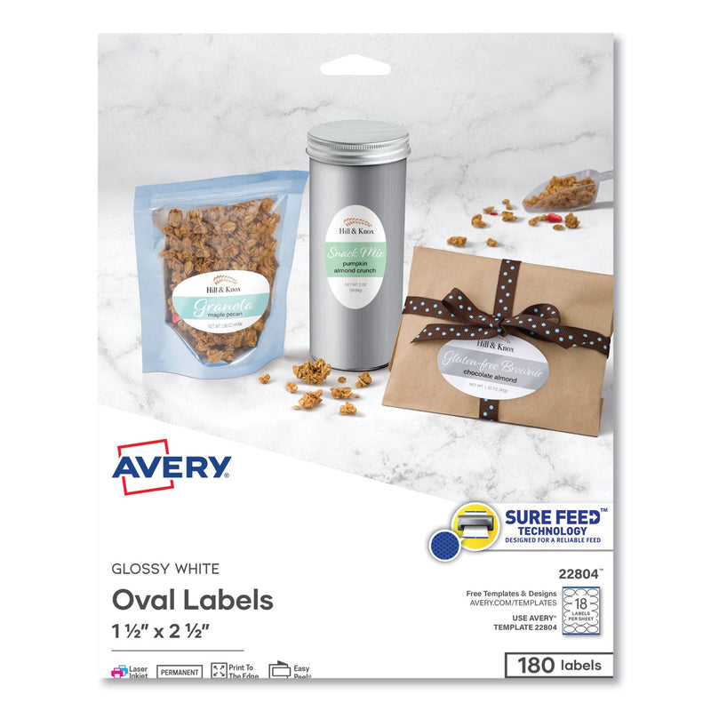 Avery Oval Labels with Sure Feed and Easy Peel, 1.5 x 2.5, Glossy White, 180/Pack