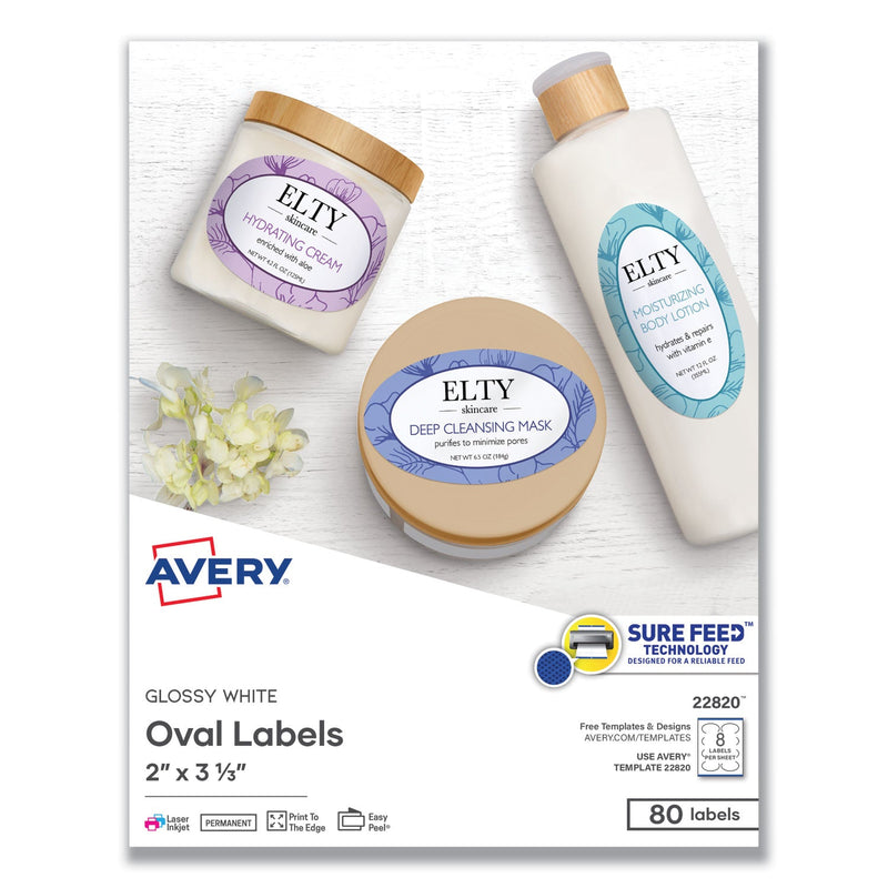Avery Oval Labels w/ Sure Feed and Easy Peel, 2 x 3.33, Glossy White, 80/Pack