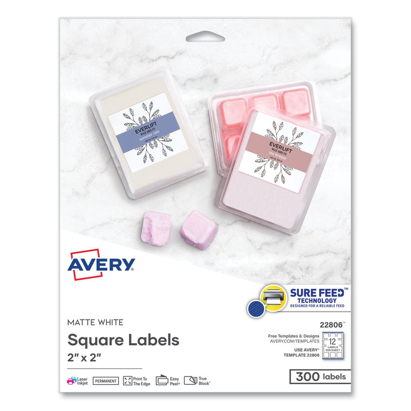 Avery Square Labels with Sure Feed and TrueBlock, 2 x 2, White, 300/Pack