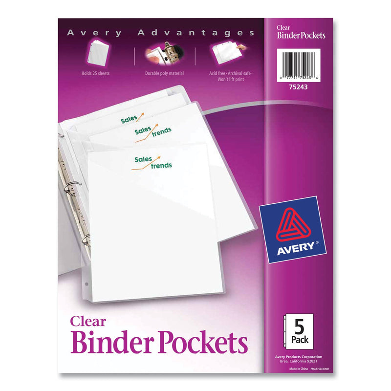 Avery Binder Pockets, 3-Hole Punched, 9.25 x 11, Clear, 5/Pack