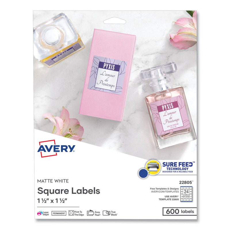 Avery Square Labels with Sure Feed and TrueBlock, 1.5 x 1.5, White, 600/Pack