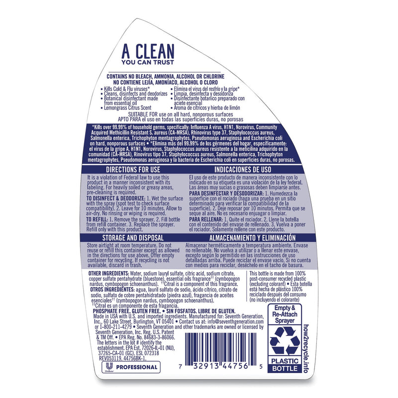 Seventh Generation Disinfecting Bathroom Cleaner, Lemongrass Citrus, 32 oz Spray Bottle, 8/Carton