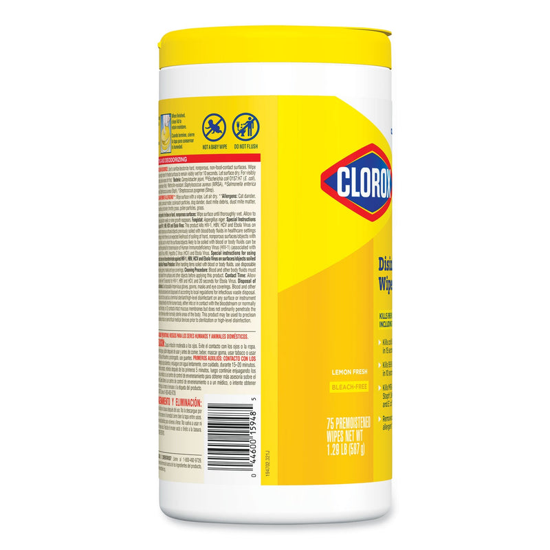 Clorox Disinfecting Wipes, 7 x 8, Lemon Fresh, 75/Canister