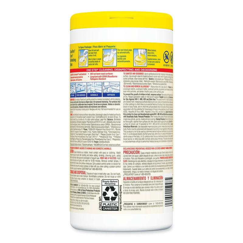 Clorox Disinfecting Wipes, 7 x 8, Lemon Fresh, 75/Canister