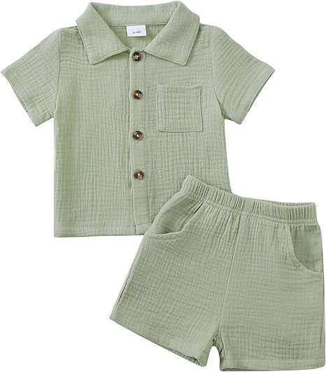 Baby Boy Cotton-Linen Solid Color Textured Fabric Lapel Collar Short-Sleeve Top Elastic Waist Shorts Set