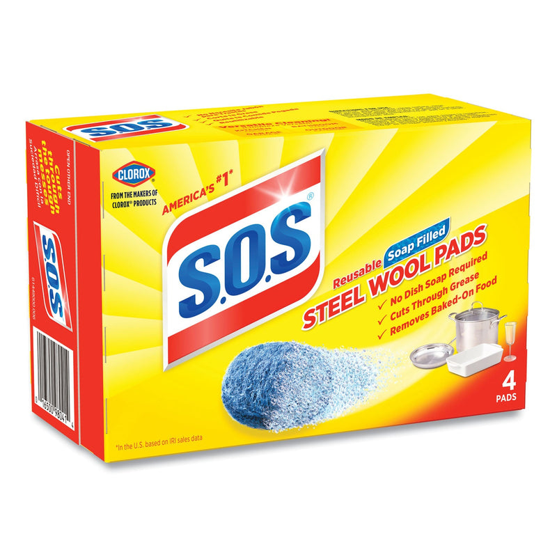 S.O.S. Steel Wool Soap Pad, Steel, 4/Box, 24 Boxes/Carton