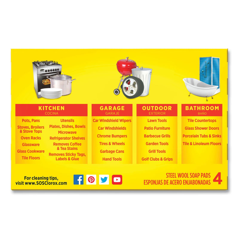 S.O.S. Steel Wool Soap Pad, Steel, 4/Box, 24 Boxes/Carton