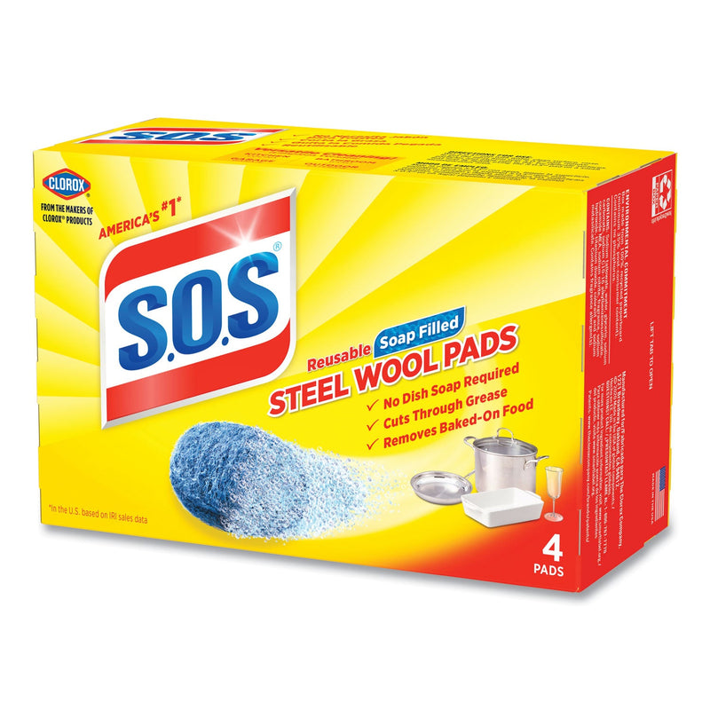 S.O.S. Steel Wool Soap Pad, Steel, 4/Box, 24 Boxes/Carton