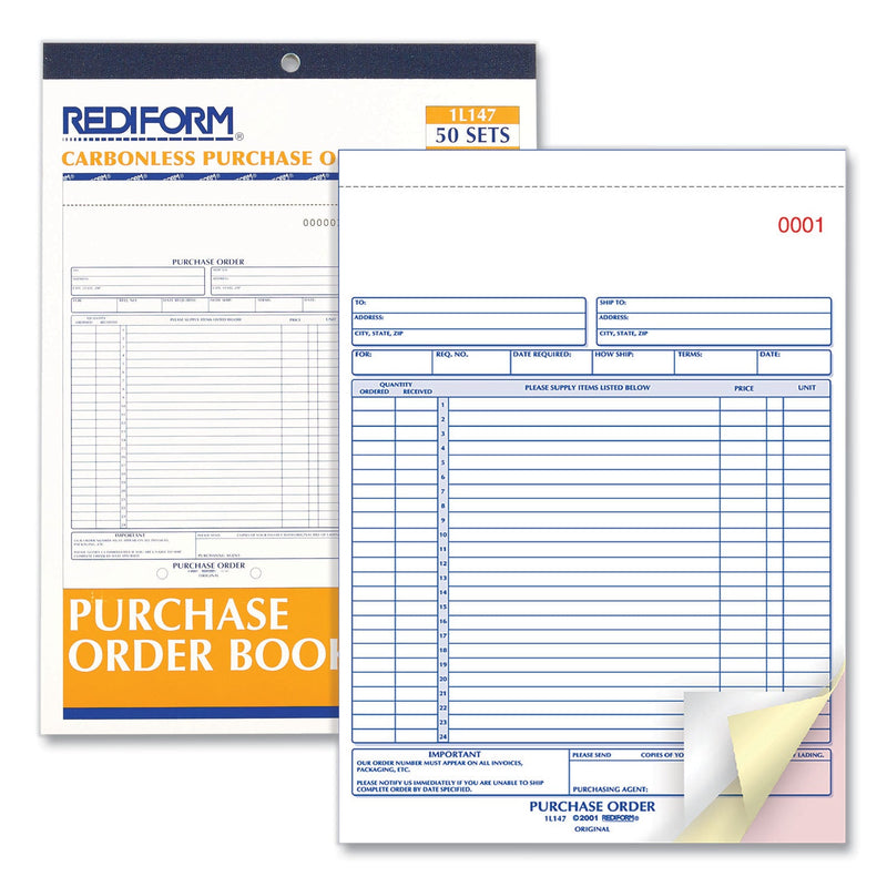 Rediform Purchase Order Book, Three-Part Carbonless, 8.5 x 11, 1/Page, 50 Forms