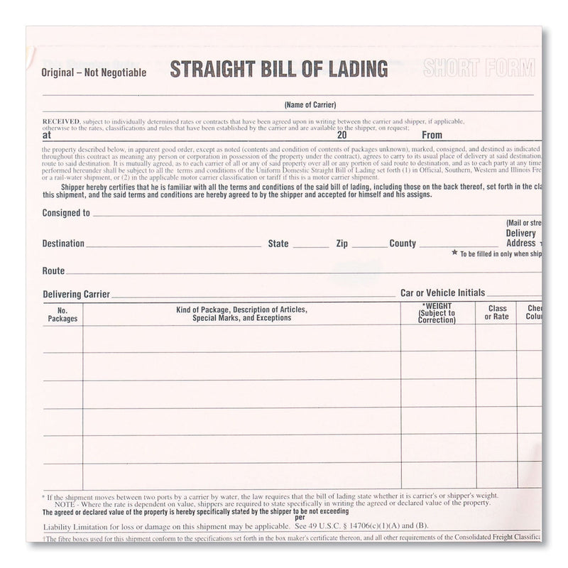 Rediform Bill of Lading Short Form, Three-Part Carbonless, 7 x 8.5, 1/Page, 250 Forms