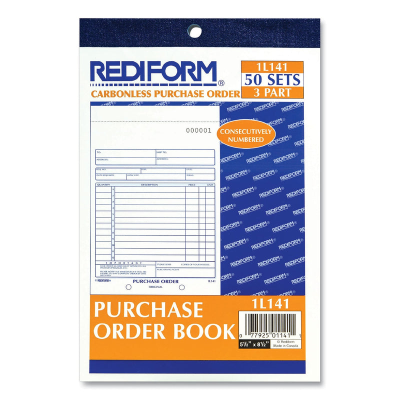 Rediform Purchase Order Book, Three-Part Carbonless, 5.5 x 7.88, 1/Page, 50 Forms
