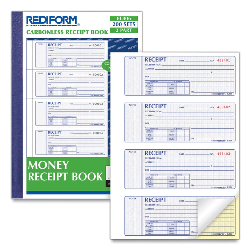 Rediform Money Receipt Book, Two-Part Carbonless, 7 x 2.75, 4/Page, 200 Forms