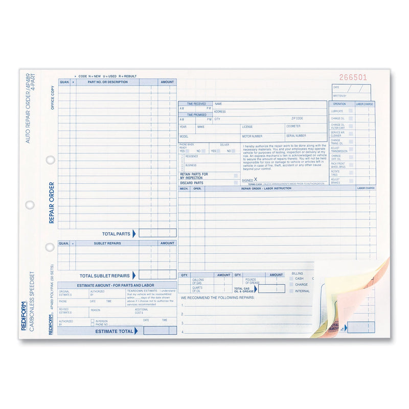 Rediform Four-Part Auto Repair Form, Four-Part Carbonless, 11 x 8.5, 1/Page, 50 Forms