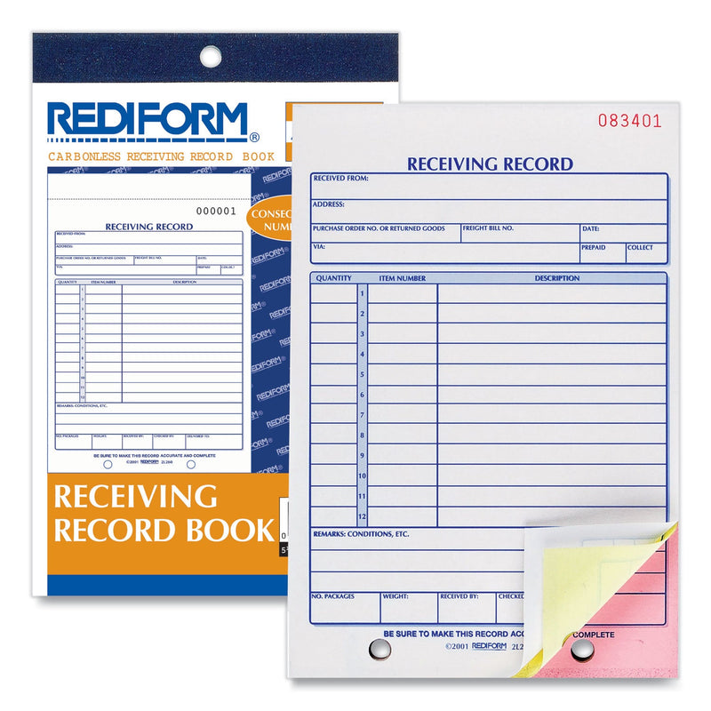 Rediform Receiving Record Book, Three-Part Carbonless, 5.56 x 7.94, 1/Page, 50 Forms