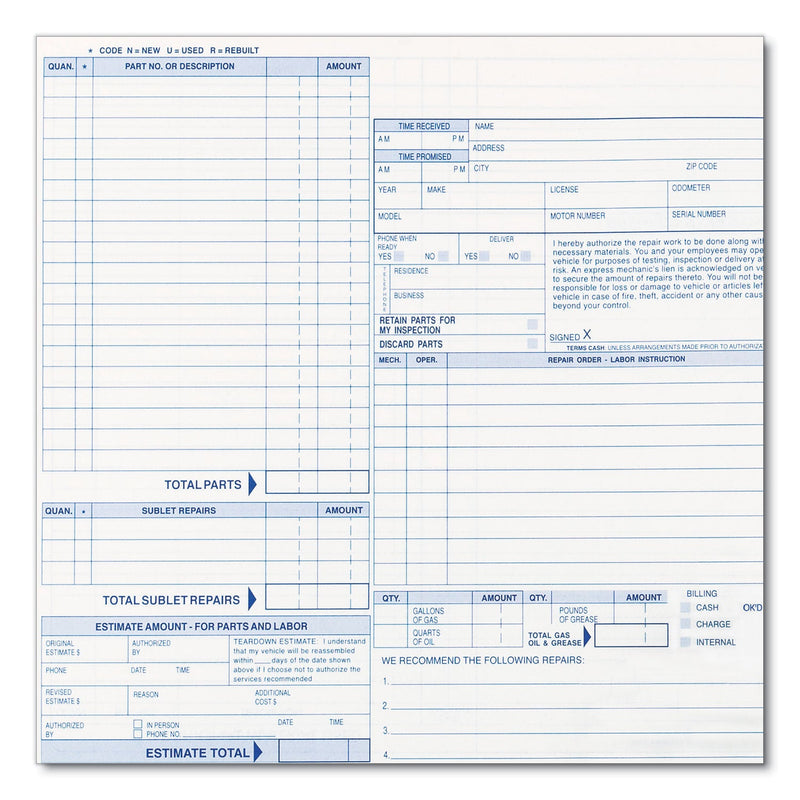 Rediform Four-Part Auto Repair Form, Four-Part Carbonless, 11 x 8.5, 1/Page, 50 Forms