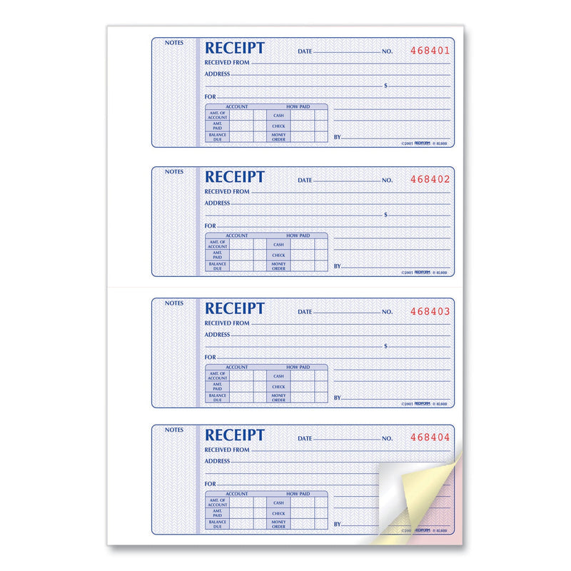 Rediform Money Receipt Book, Three-Part Carbonless, 7 x 2.75, 4/Page, 100 Forms
