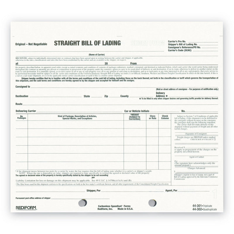 Rediform Bill of Lading Short Form, Three-Part Carbonless, 7 x 8.5, 1/Page, 250 Forms
