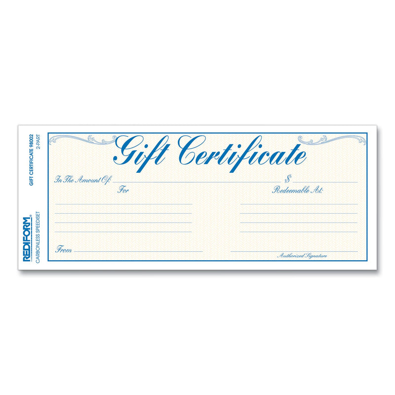 Rediform Gift Certificates with Envelopes, 8.5 x 3.67, Blue/Gold with Blue Border, 25/Pack
