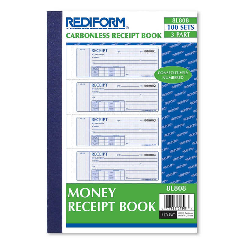 Rediform Money Receipt Book, Three-Part Carbonless, 7 x 2.75, 4/Page, 100 Forms