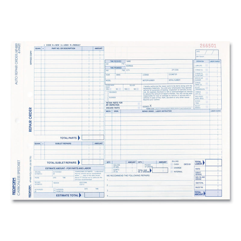 Rediform Four-Part Auto Repair Form, Four-Part Carbonless, 11 x 8.5, 1/Page, 50 Forms