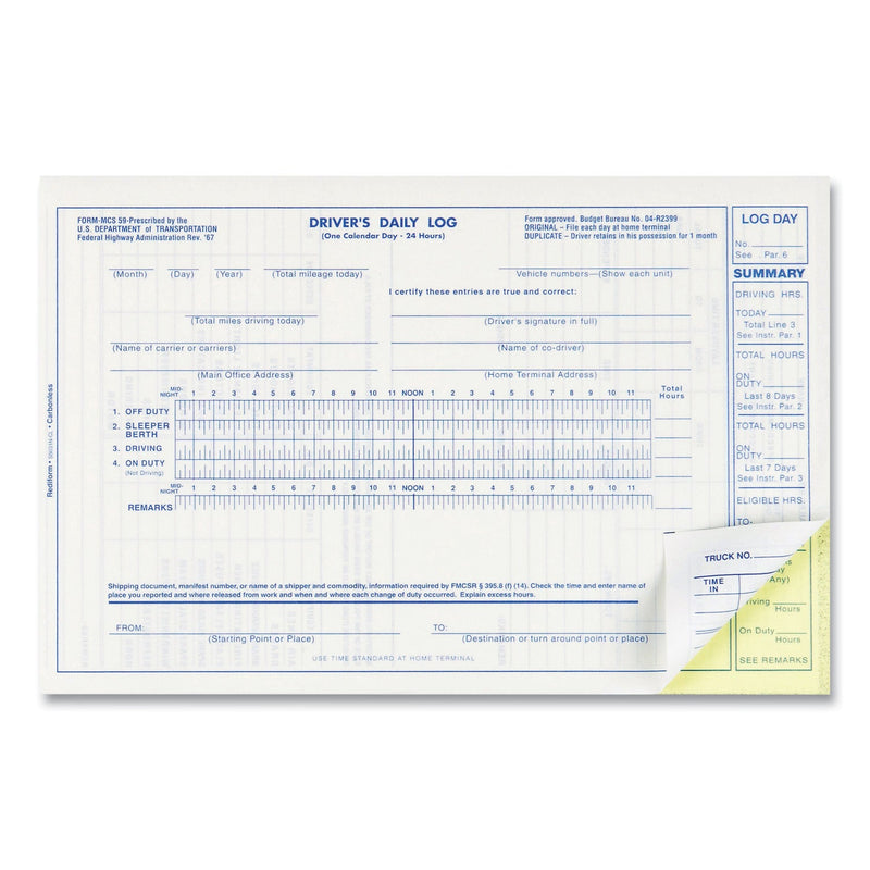 Rediform Driver's Daily Log, Two-Part Carbonless, 8.75 x 5.38, 1/Page, 31 Forms