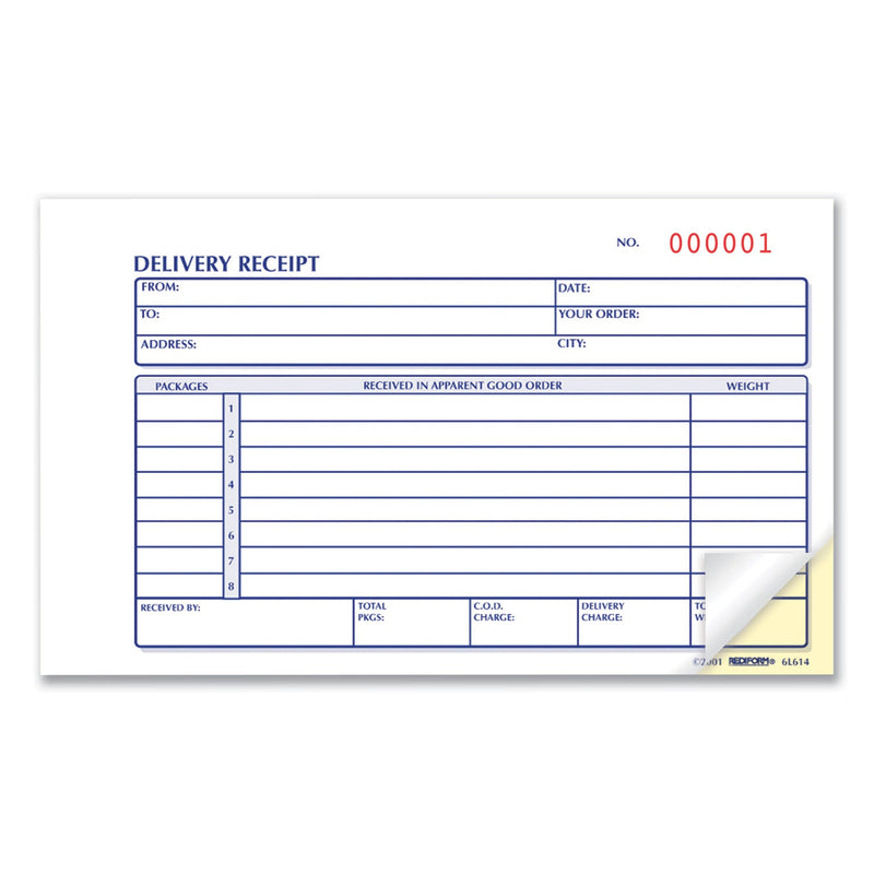 Rediform Delivery Receipt Book, Three-Part Carbonless, 6.38 x 4.25, 1/Page, 50 Forms
