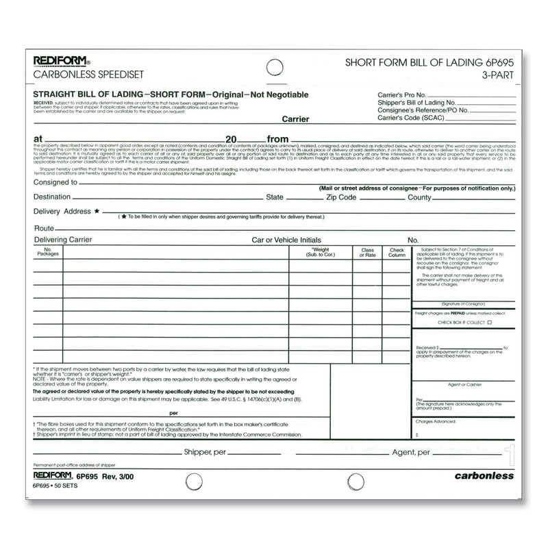 Rediform Bill of Lading, Short Form, Three-Part Carbonless, 7 x 8.5, 1/Page, 50 Forms