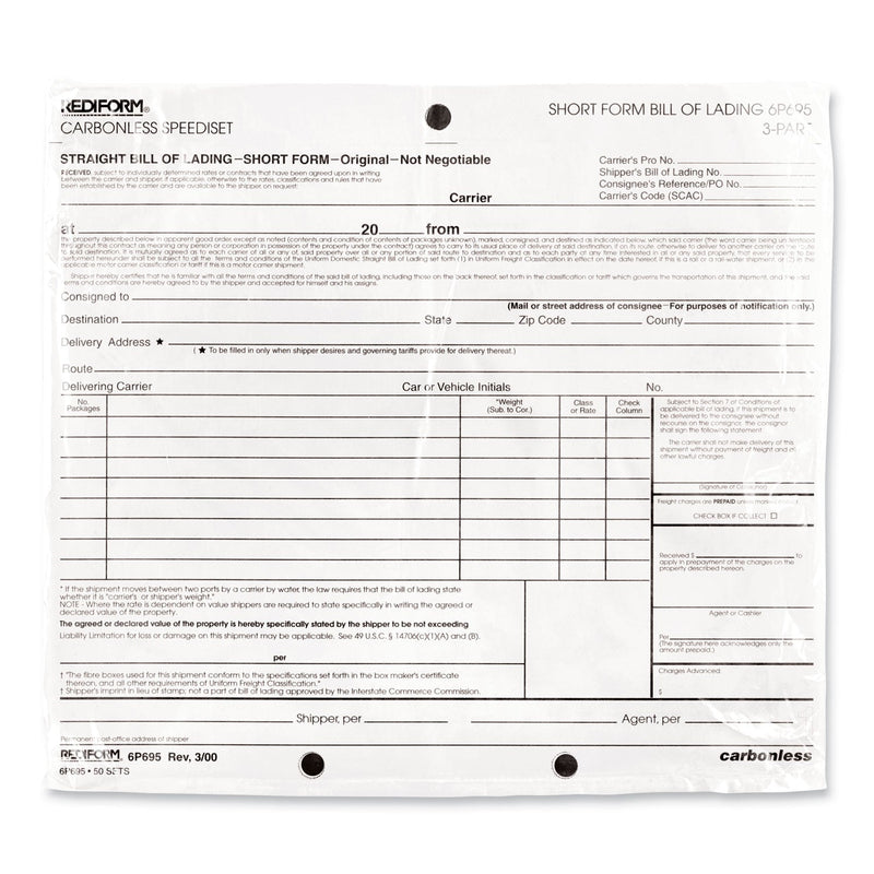 Rediform Bill of Lading, Short Form, Three-Part Carbonless, 7 x 8.5, 1/Page, 50 Forms