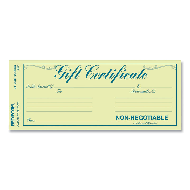 Rediform Gift Certificates with Envelopes, 8.5 x 3.67, Blue/Gold with Blue Border, 25/Pack