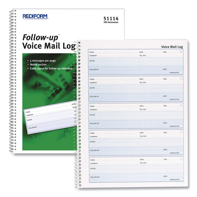 Rediform Voice Mail Wirebound Log Books, 8 x 10.63, 5/Page, 500 Forms