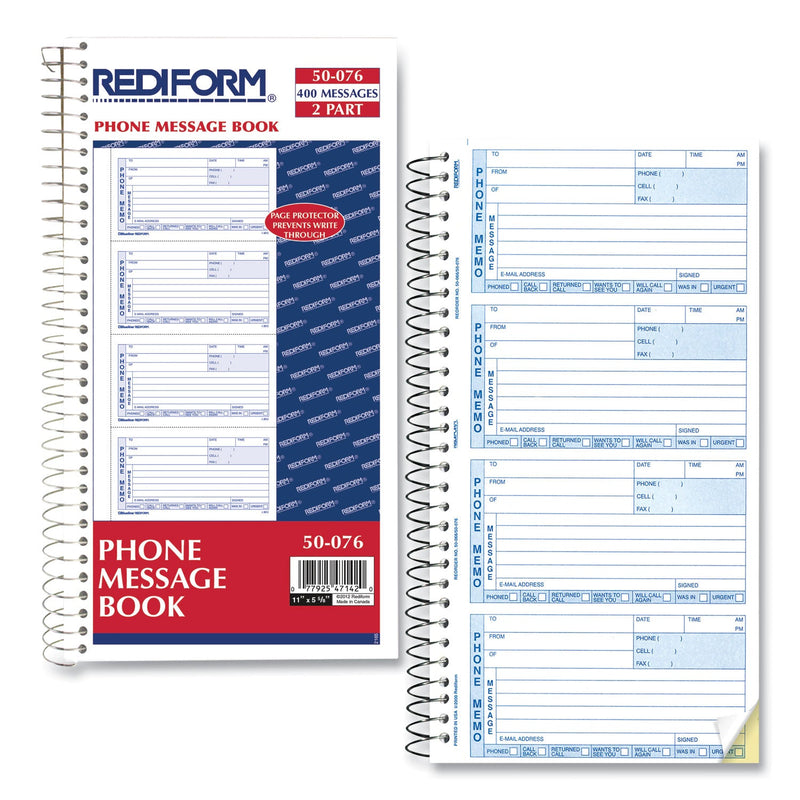 Rediform Telephone Message Book, Two-Part Carbonless, 5 x 2.75, 4/Page, 400 Forms