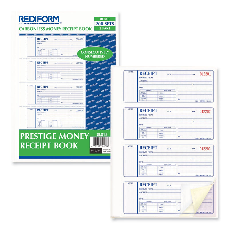 Rediform Money Receipt Book, Three-Part Carbonless, 7 x 2.75, 4/Page, 200 Forms