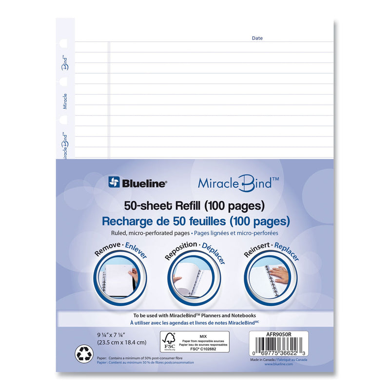 Blueline MiracleBind Ruled Paper Refill Sheets for all MiracleBind Notebooks and Planners, 9.25 x 7.25, White/Blue Sheets, Undated